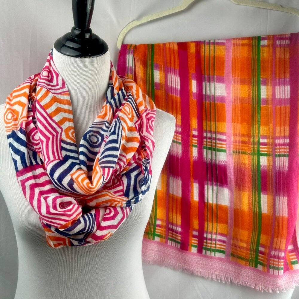 2 Scarf Bundle Plaid Novelty Print Beach Umbrellas Orange Pink Blue‎ Green